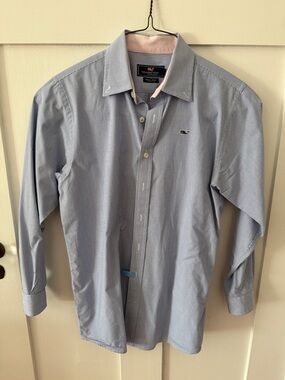 Vineyard Vines Men's Blue Micro-Striped Dress Shirt with Pink Trim